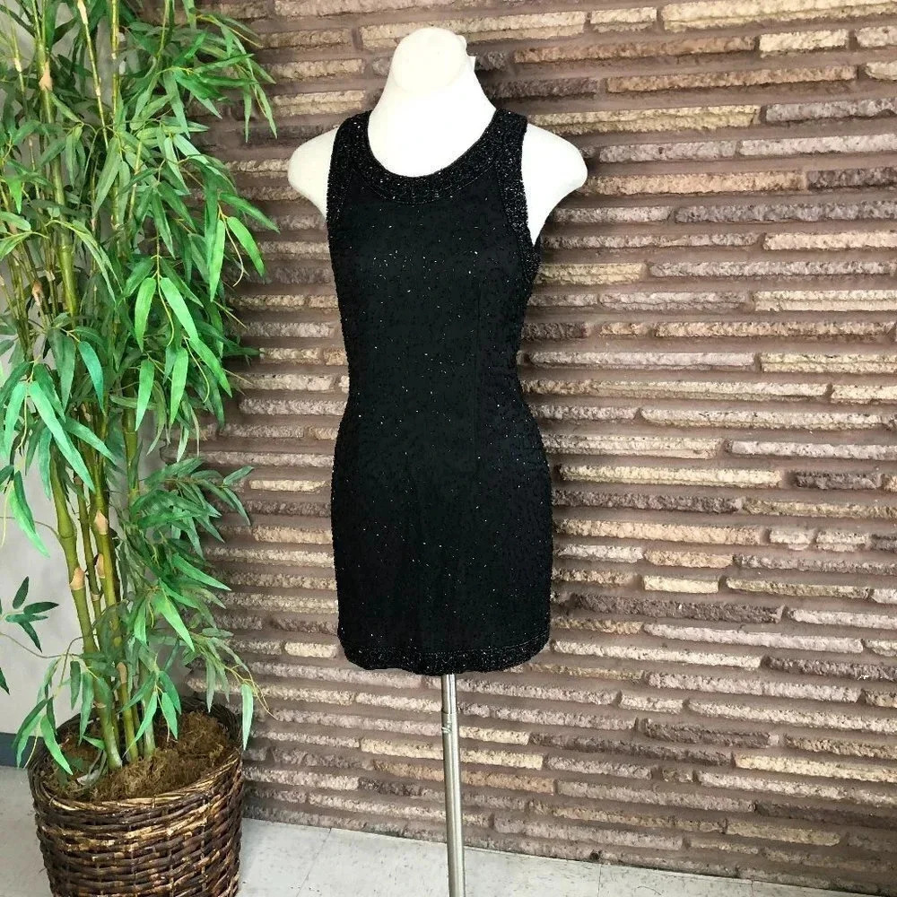 Laurence Kazar Black Beaded 100% Silk Scoop Neck Sheath Party Dress NEW